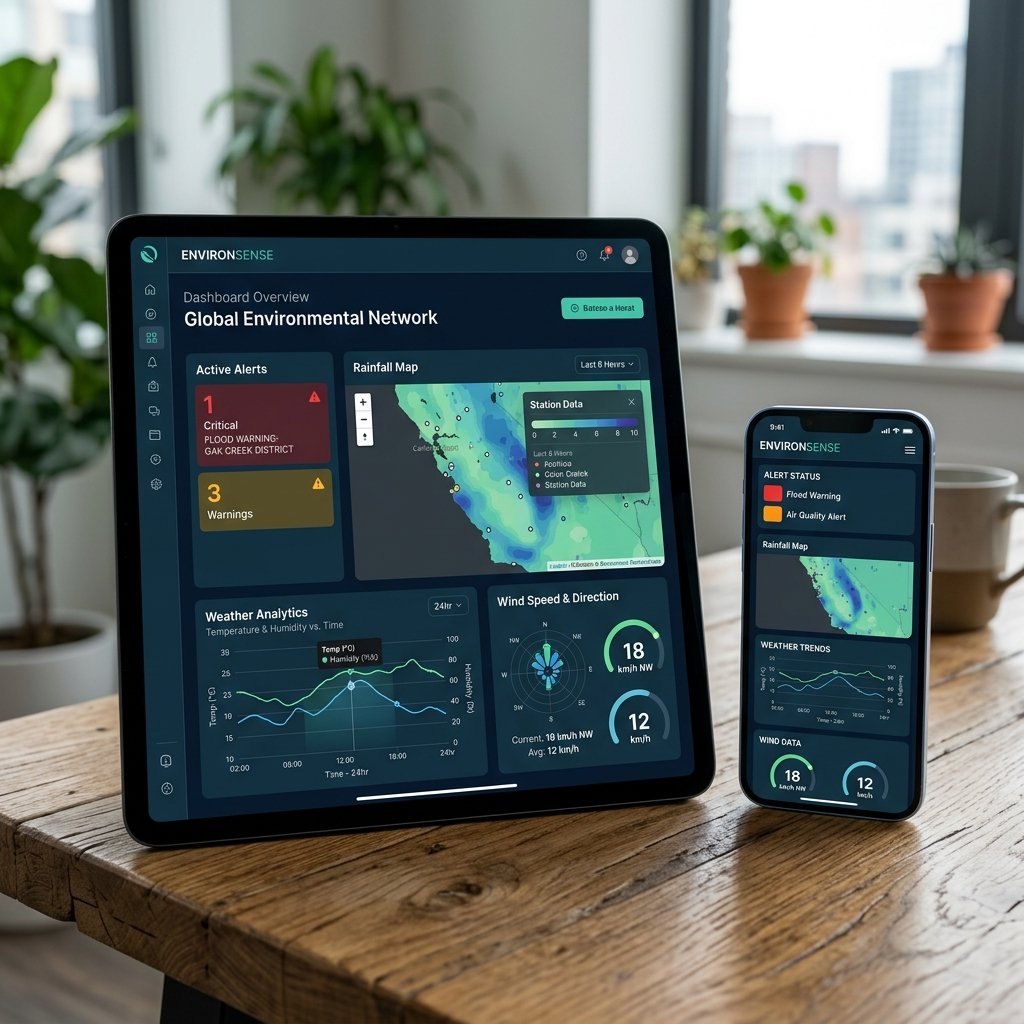 Clean dashboard interface on tablet and mobile showing weather analytics, rainfall maps, wind data, and alert status