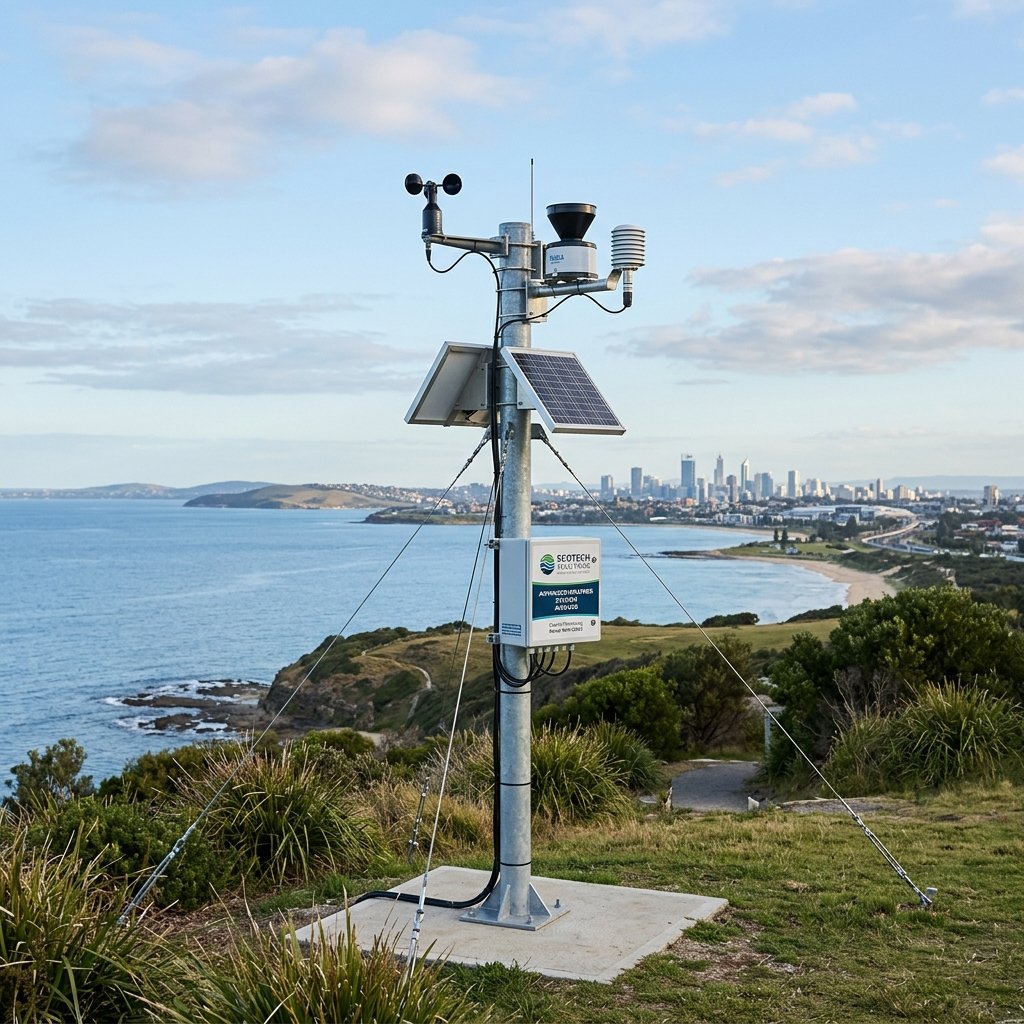 Premium realistic weather monitoring station installed near a calm coastal landscape with distant city skyline and soft blue sky